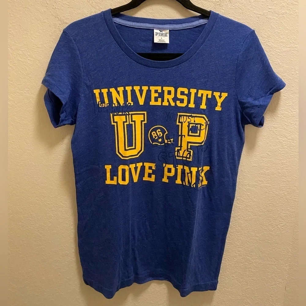Victoria’s Secret Pink Vintage Blue & Yellow Football Graphic Tee Size L New